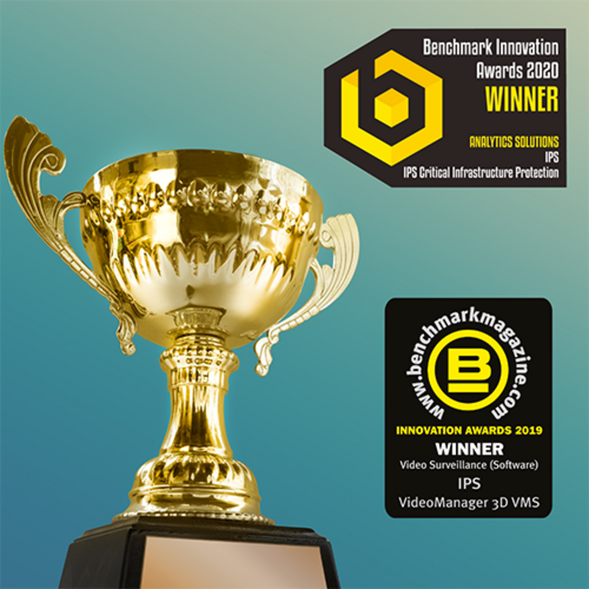On the left is a golden trophy. To the right of it are the two awards: 2019 Innovation Award Winner, 2020 Innovation Award Winner.